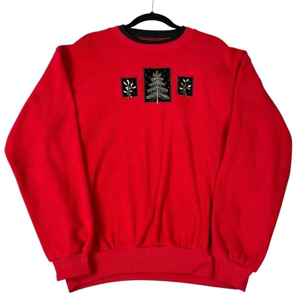 Vtg Red Black Embroidered Beaded Sparkly Christmas Tree/Holly Sweatshirt - Sz L